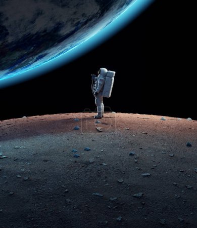 Téléchargez les photos : Un astronaute debout devant la terre dans l'espace. Concept futuriste et spatial. Ceci est une illustration de rendu 3d - en image libre de droit