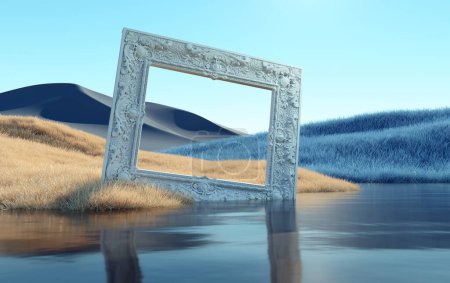 Photo for Surrealistic landscape and a frame. Perspective and vision concept. This is a 3d render illustration - Royalty Free Image