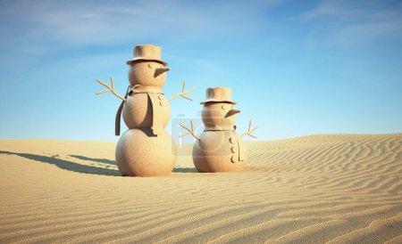 Téléchargez les photos : Deux bonhommes de neige dans le désert. Concept d'adaptation et de développement. Ceci est une illustration de rendu 3d - en image libre de droit