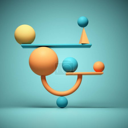 Foto de Elementos geométricos abstractos en equilibrio. Un equilibrio imposible. Esta es una ilustración de renderizado 3d - Imagen libre de derechos