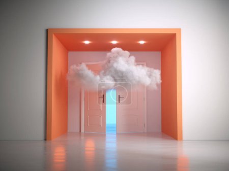 Photo for Cloud entered through an open door. Creative mind and escape concept. This is a 3d render illustration - Royalty Free Image