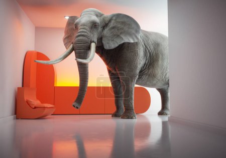Foto de Elefante caminando en el interior de la casa. Esta es una ilustración de renderizado 3d. - Imagen libre de derechos