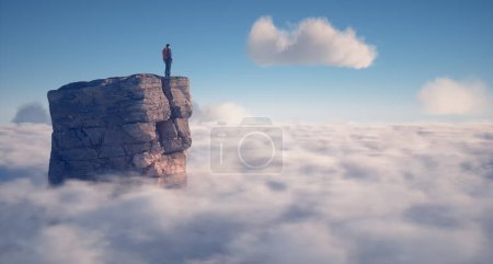 Téléchargez les photos : Randonneur au sommet d'une montagne au-dessus d'un nuage. Ceci est une illustration de rendu 3d - en image libre de droit