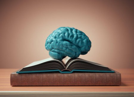 Foto de Cerebro humano en un libro abierto. Concepto de autodesarrollo y educación. Esta es una ilustración de renderizado 3d - Imagen libre de derechos