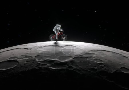 Foto de Astronauta montando una bicicleta en la luna. Concepto futurista y creativo. Esta es una ilustración de renderizado 3d - Imagen libre de derechos
