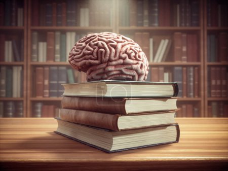Photo for Books and a human brain on a desk. Self development and education concept. This is a 3d render illustration - Royalty Free Image