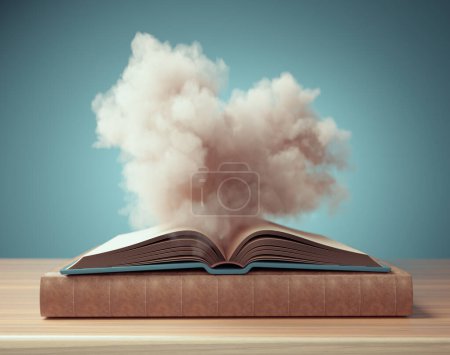 Téléchargez les photos : Livre ouvert et un nuage au-dessus. Concept d'éducation. Ceci est une illustration de rendu 3d - en image libre de droit