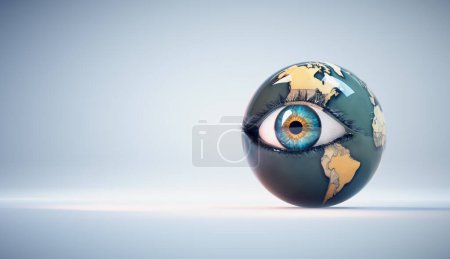 Téléchargez les photos : Œil humain avec globe terrestre sur lui dans un fond de studio. Concept nature et environnement. Ceci est une illustration de rendu 3d - en image libre de droit