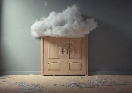 Foto de La nube entró por una puerta cerrada. Mente creativa y concepto de escape. Esta es una ilustración de renderizado 3d - Imagen libre de derechos