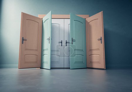 Photo for Multiple doors opened and closed on a blue wall. Choices and opportunity concept. This is a 3d render illustration - Royalty Free Image
