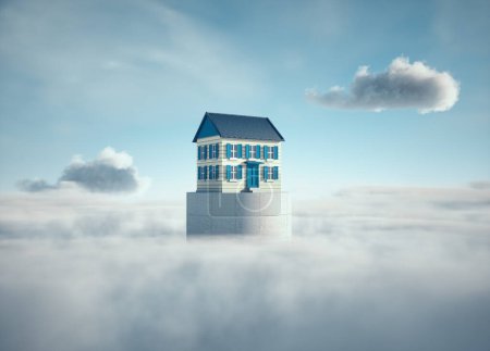Foto de Casa en una nube. Casa de ensueño y concepto de préstamo. Esta es una ilustración de renderizado 3d - Imagen libre de derechos