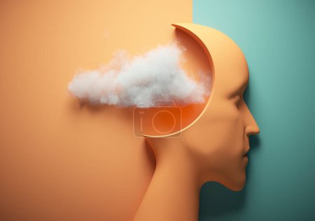 Téléchargez les photos : Tête humaine avec un nuage à l'intérieur. Créativité et ouverture d'esprit. Ceci est une illustration de rendu 3d - en image libre de droit
