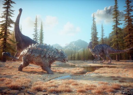 Téléchargez les photos : Ankylosaurus, brachiosaurus et parasaurolophus dans la nature. Ceci est une illustration de rendu 3d - en image libre de droit