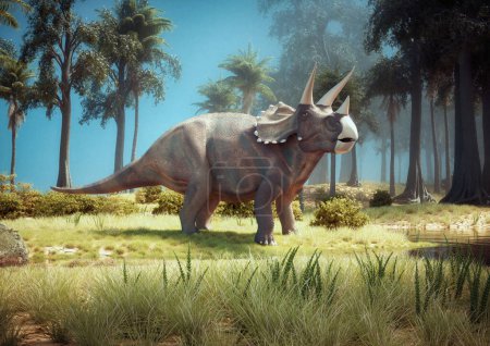 Téléchargez les photos : Tricératops dinosaure dans la nature. Ceci est une illustration de rendu 3d - en image libre de droit