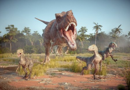 Foto de Tyrannosaurus y velociraptor en la naturaleza. Esta es una ilustración de renderizado 3d - Imagen libre de derechos