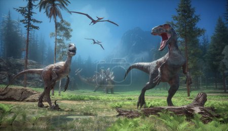 Velociraptor y estegosaurio caminando por el bosque. Esta es una ilustración de renderizado 3d