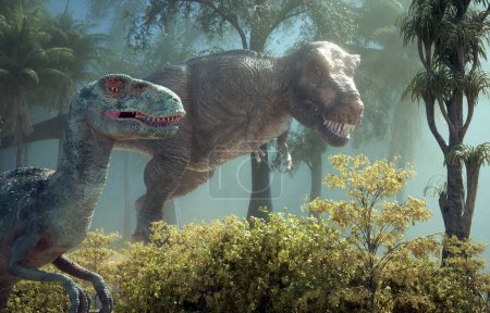 Foto de Tyrannosaurus y velociraptor en la naturaleza. Esta es una ilustración de renderizado 3d - Imagen libre de derechos