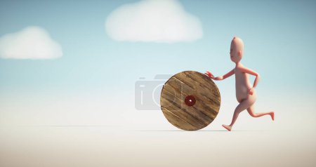 Téléchargez les photos : Homme conceptuel poussant une roue en bois. Processus et travail en cours concept. Ceci est une illustration de rendu 3d - en image libre de droit