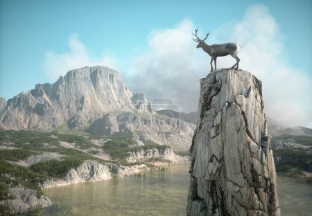 Foto de Ciervo en la cima de una roca mirando una gran montaña. Esta es una ilustración de renderizado 3d. - Imagen libre de derechos