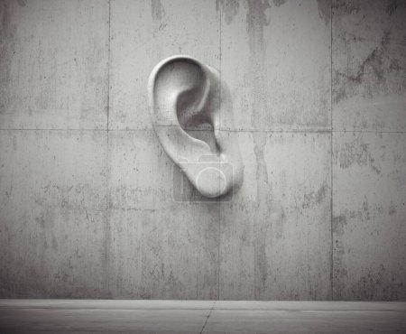 Téléchargez les photos : Sculpture en ciment en forme d'oreille humaine sur un mur en béton. Même les murs ont des oreilles. Ceci est une illustration de rendu 3d - en image libre de droit