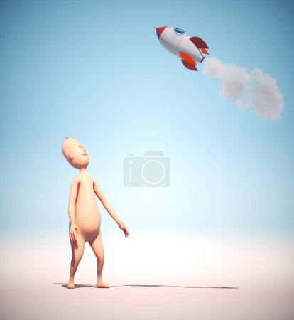 Foto de Personaje humano mirando a un cohete. Concepto de puesta en marcha y crecimiento. Esta es una ilustración de renderizado 3d. - Imagen libre de derechos