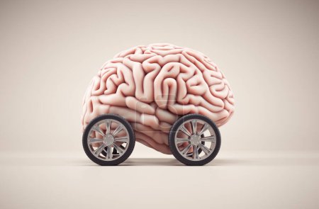 Téléchargez les photos : Cerveau avec roue de voiture. Concept de brainstorming. Illustration de rendu 3D. - en image libre de droit