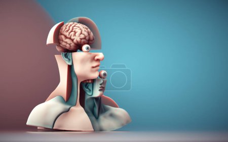 Photo for Abstract fractured head with brain and eyes. Concept of brainstorming, overthinking and vision. This is a 3d render illustration. - Royalty Free Image
