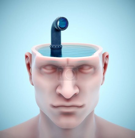 Foto de Cabeza humana con agua dentro y un periscopio. Concepto de psicología, vigilancia, concentración mental o análisis. Esta es una ilustración de renderizado 3d - Imagen libre de derechos