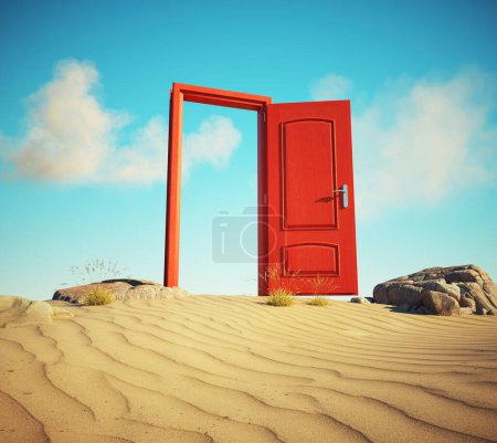 Foto de Puertas abiertas en el desierto. Concepto de escape. Esta es una ilustración de renderizado 3d. - Imagen libre de derechos