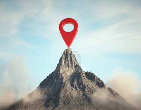 Photo for Pin on a mountain peak. Target destination concept. This is a 3d render illustration. - Royalty Free Image