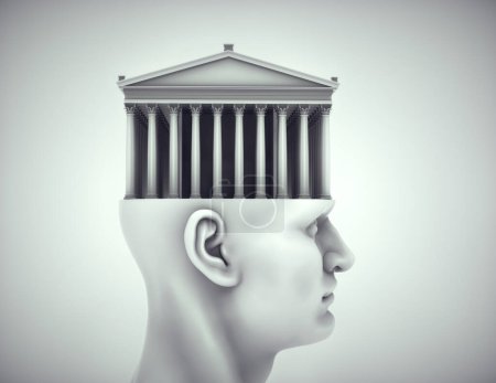 Roman building on head. High level education and knowledge concept. This is a 3d render illustration