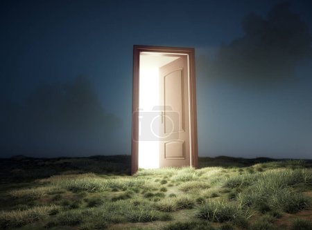 Opened door in the nature to the space. Escape and opportunity concept. This is a 3d render illustration