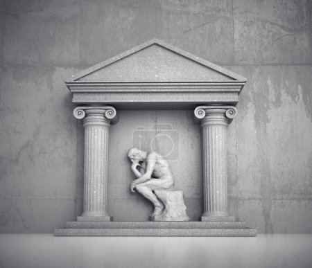 Téléchargez les photos : Structure romaine avec la statue d'un penseur. Concept d'éducation et de réflexion excessive. Ceci est une illustration de rendu 3d. - en image libre de droit