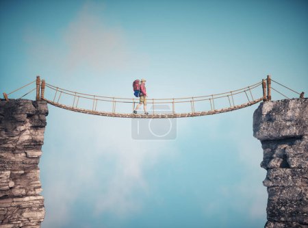 Photo for Man walking on a rope suspension bridge. Travel concept. This is a 3d render illustration. - Royalty Free Image