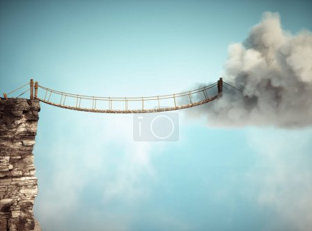 Téléchargez les photos : Pont suspendu de corde. Concept de voyage. Ceci est une illustration de rendu 3d. - en image libre de droit