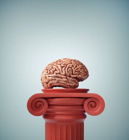 Téléchargez les photos : Cerveau sur la colonne romaine suggérant le concept de développement personnel et de soutien des connaissances. C'EST UNE ILLUSTRATION DE RENDER 3D. - en image libre de droit