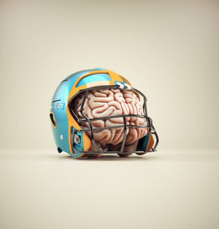 Foto de Cerebro protegido por un casco. El concepto de protección de la propiedad intelectual o cuidado mental. ESTO ES UNA ILUSTRACIÓN DE RENDER 3D. - Imagen libre de derechos