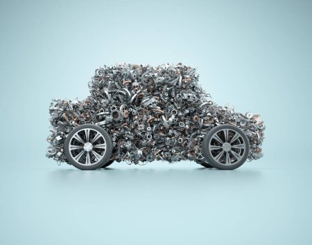 Téléchargez les photos : La voiture se compose de milliers de pièces mécaniques. Le concept de pièces détachées de voiture ou de service de voiture. C'EST UNE ILLUSTRATION DE RENDER 3D. - en image libre de droit
