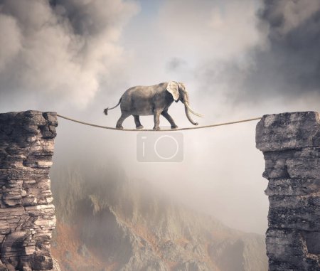 Foto de Elefante camina en la cuerda por encima de un espacio entre dos picos de montaña. Asumir riesgos y concepto de destino. Esta es una ilustración de renderizado 3d - Imagen libre de derechos