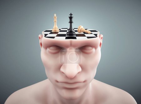 Head cut with a chessboard. The concept of strategy and analytical thinking. THIS IS A 3D RENDER ILLUSTRATION.