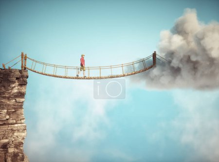 Foto de Un hombre caminando sobre un puente colgante de cuerda. Concepto de viaje. Esta es una ilustración de renderizado 3d. - Imagen libre de derechos