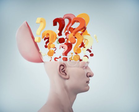Photo for Question marks flying from a man's head. THIS IS A 3D RENDER ILLUSTRATION. - Royalty Free Image