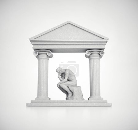 Téléchargez les photos : Structure romaine avec la statue d'un penseur sur fond blanc. Concept d'éducation et de réflexion excessive. Ceci est une illustration de rendu 3d. - en image libre de droit