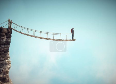 Téléchargez les photos : Scène surréaliste avec un pont en corde coupé en deux suggérant le concept d'une impasse ou d'une situation impossible. C'EST UNE ILLUSTRATION DE RENDER 3D. - en image libre de droit