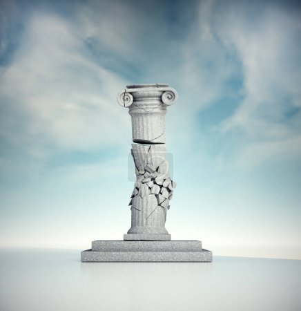 La columna romana rota sugiere fracaso o insostenibilidad. ESTO ES UNA ILUSTRACIÓN DE RENDER 3D.
