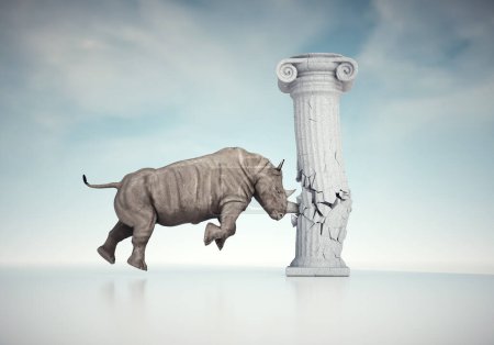 Rinoceronte golpeando una columna romana. El concepto de destruir un mito u obstruir la educación y el conocimiento. ESTO ES UNA ILUSTRACIÓN DE RENDER 3D.