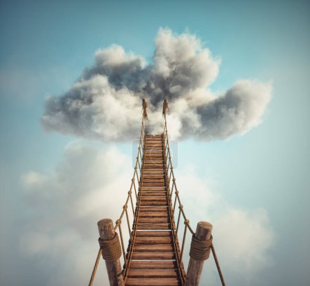 Surreal image of a rope bridge to a cloud. The concept of adventure or getaway. THIS IS A 3D RENDER ILLUSTRATION.