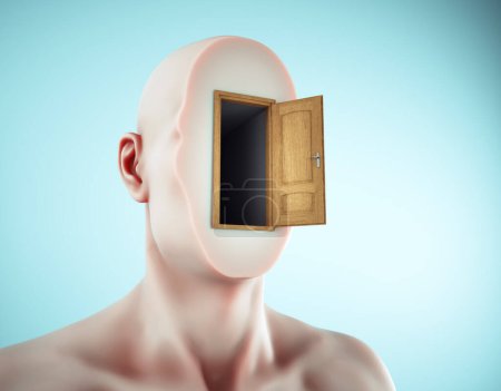 Téléchargez les photos : Un homme sans visage avec une porte ouverte sur la tête. Ceci est une illustration de rendu 3d - en image libre de droit