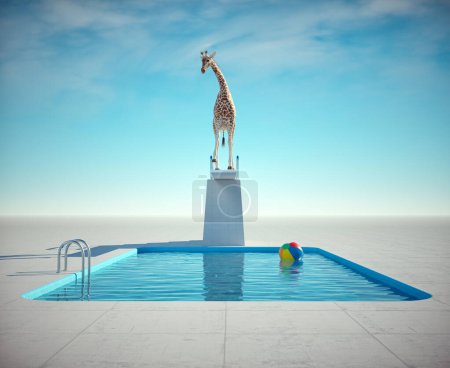 Téléchargez les photos : Girafe se prépare à sauter dans la piscine. Ceci est une illustration de rendu 3d - en image libre de droit
