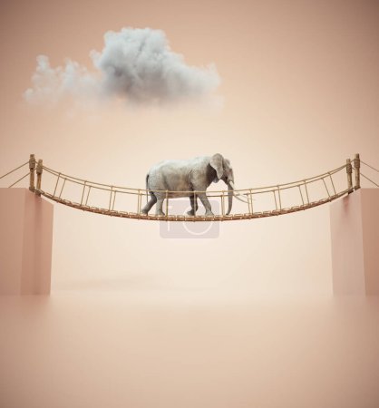 Téléchargez les photos : L'éléphant marche sur une corde au-dessus d'un écart entre deux cubes. Concept de prise de risque et de destination. Ceci est une illustration de rendu 3d - en image libre de droit